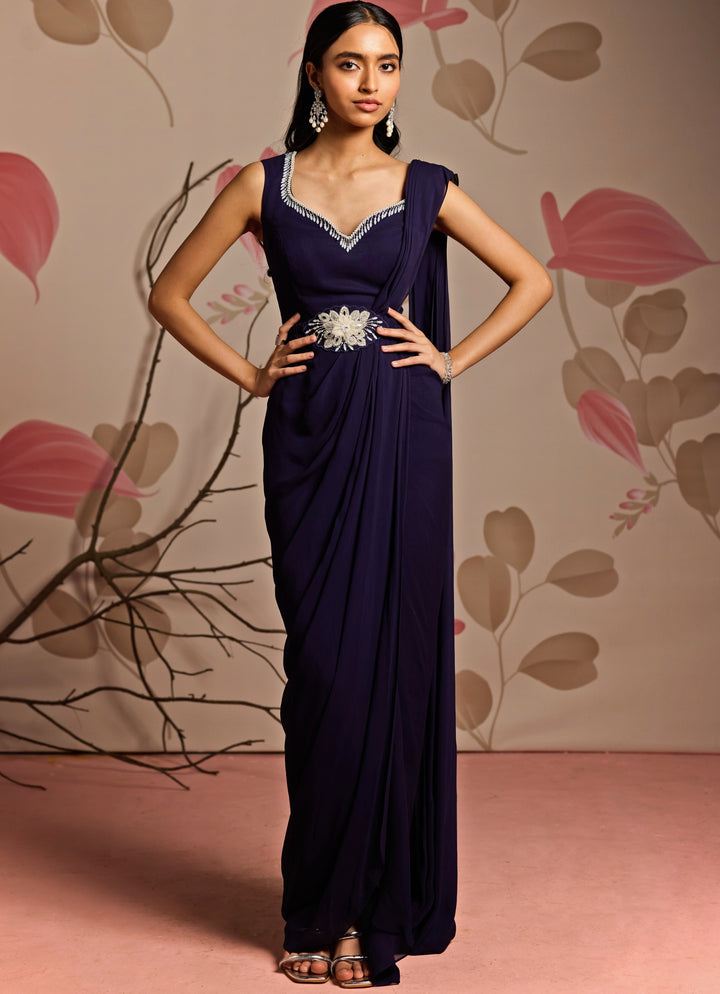 Midnight Blue Georgette Predraped Saree Set