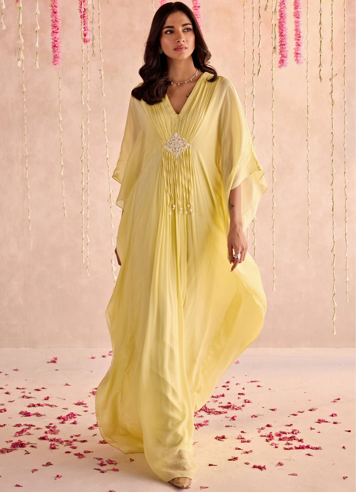 Yellow Embroidered Chiffon Kaftan