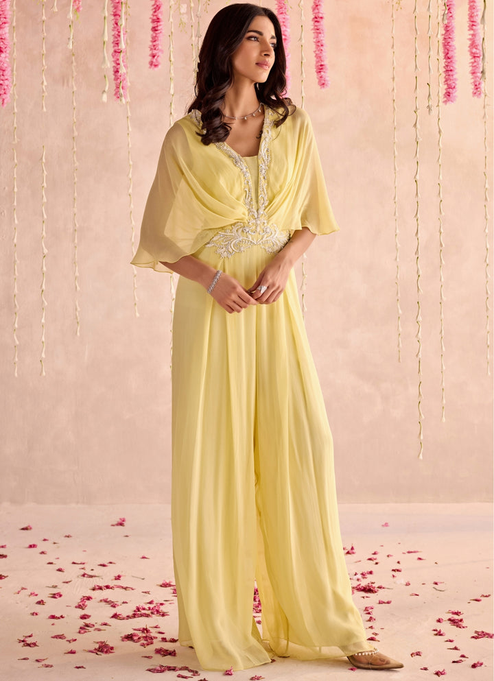 Yellow Embroidered Georgette Jumpsuit