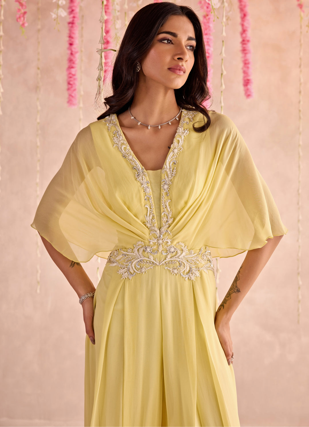 Yellow Embroidered Georgette Jumpsuit