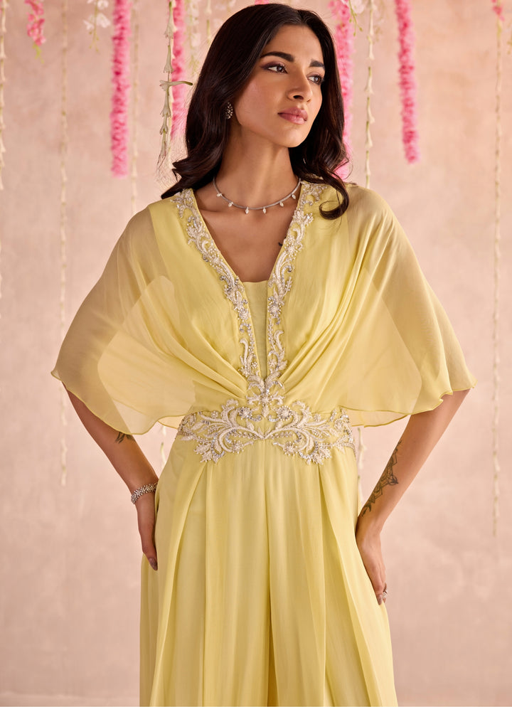 Yellow Embroidered Georgette Jumpsuit