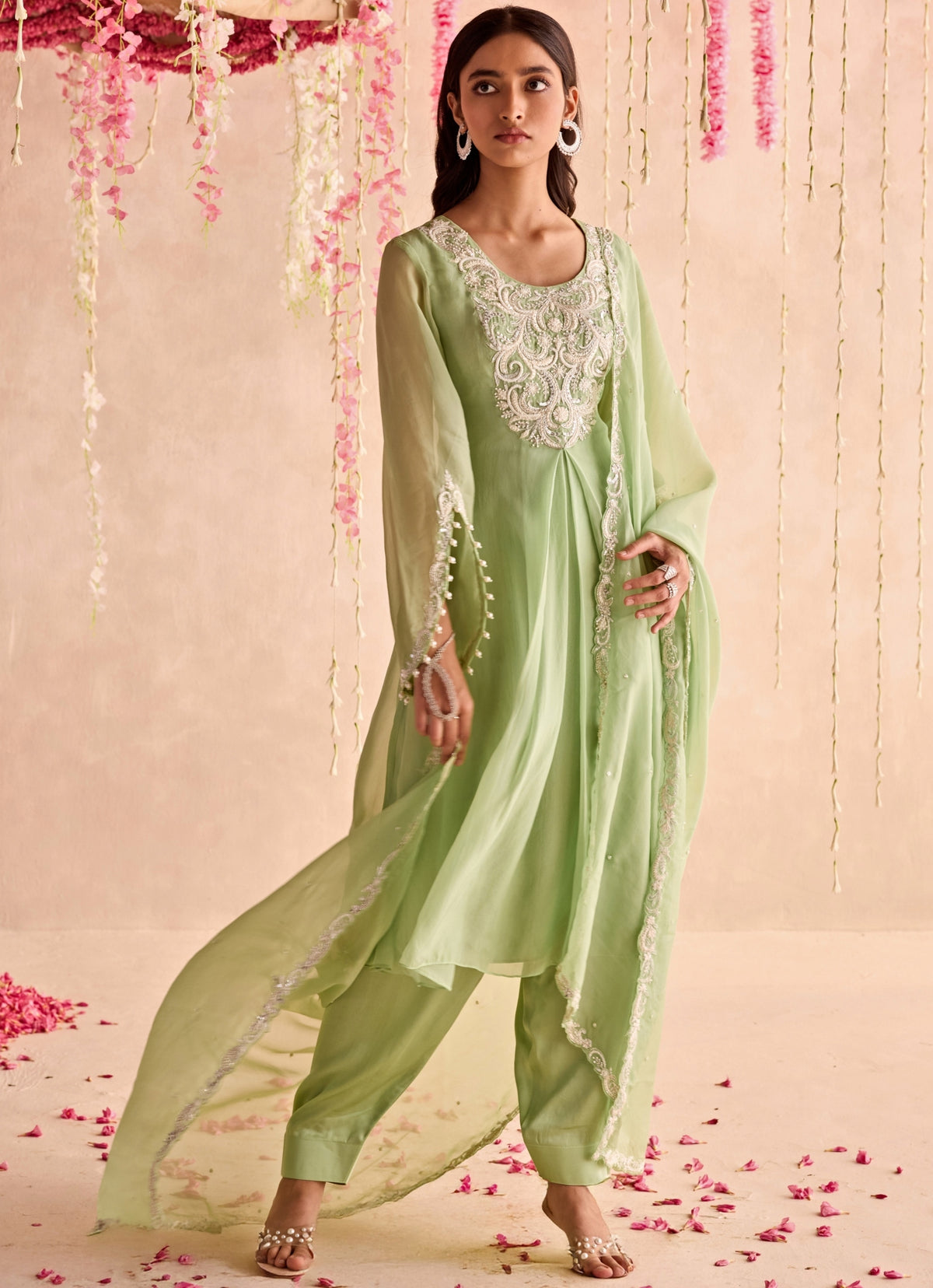 Seema Thukral Pastel Green Embroidered Anarkali for a henna night in Saudi Arabia