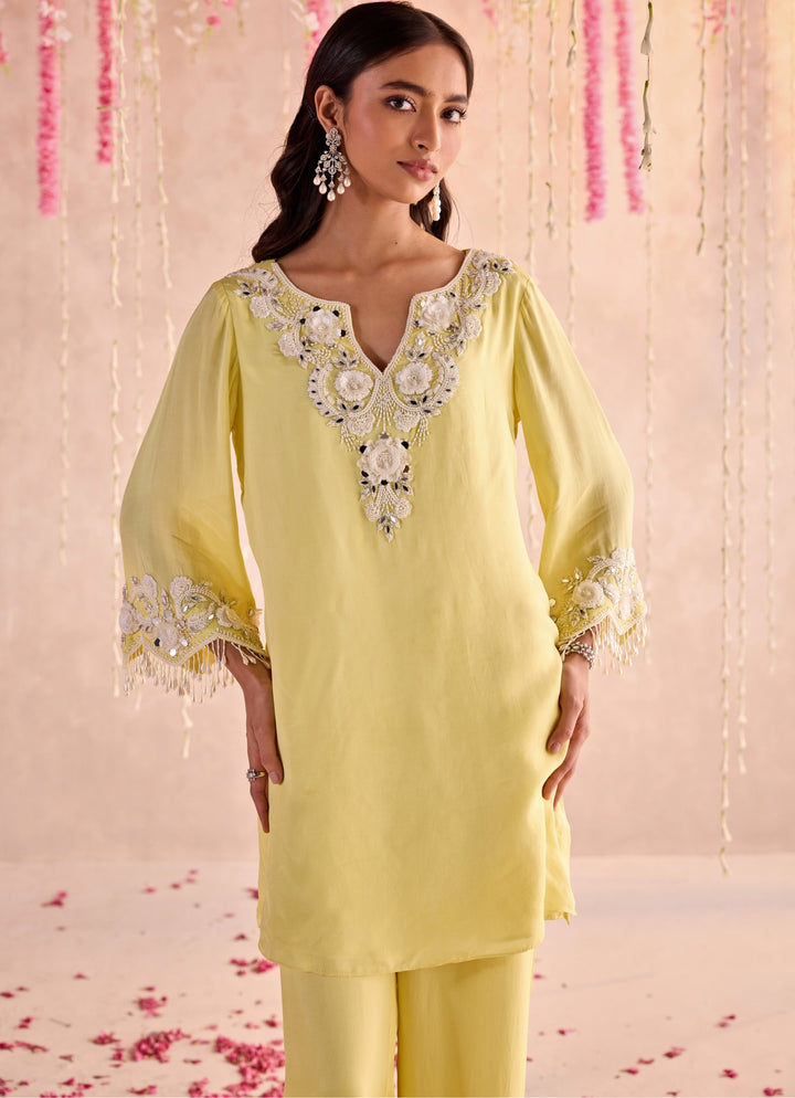 Soft Yellow Embroidered Kurta Pants Set