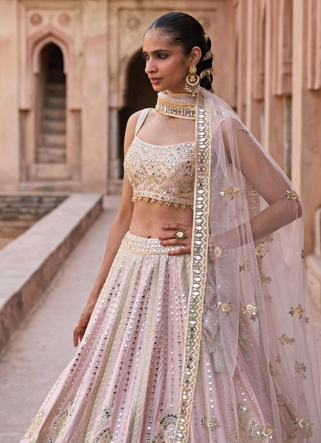 Soft Peach Raw Silk Lehenga Set