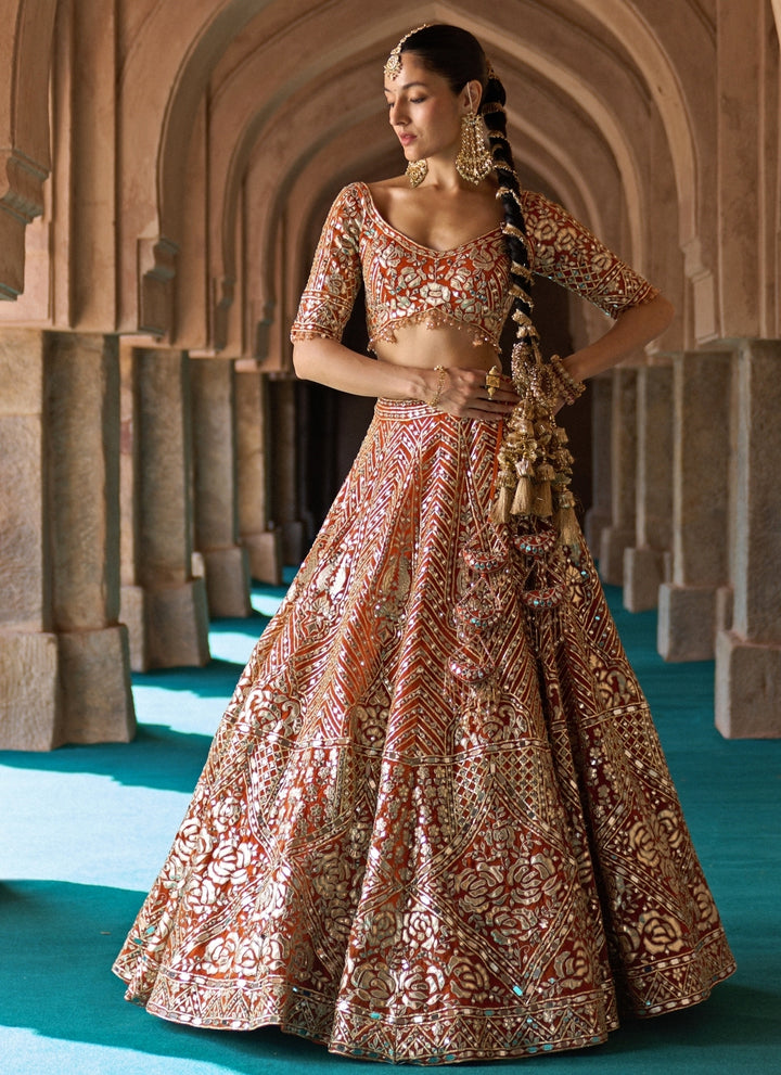 Rust Orange Organza Lehenga Set