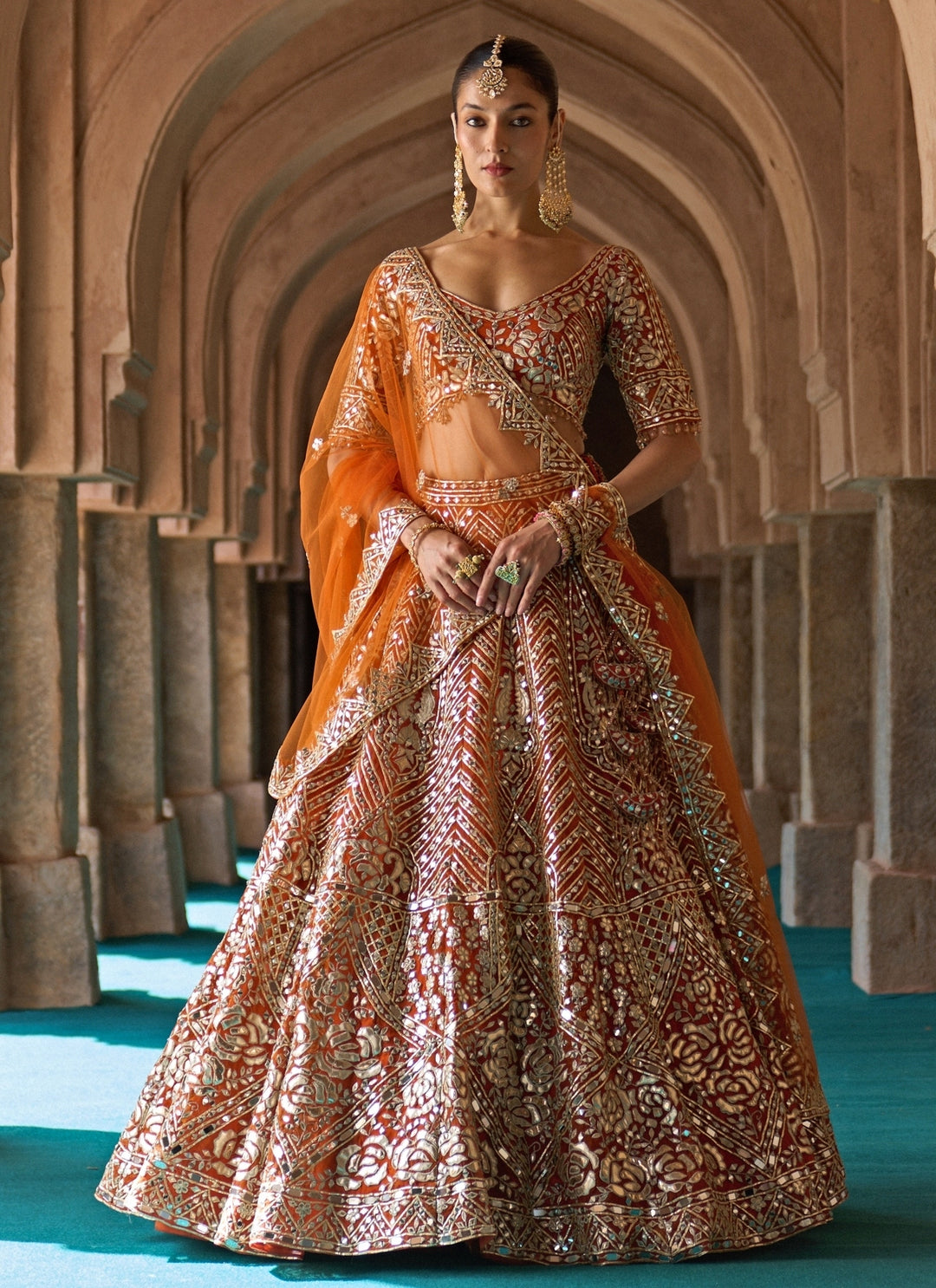Rust Orange Organza Lehenga Set