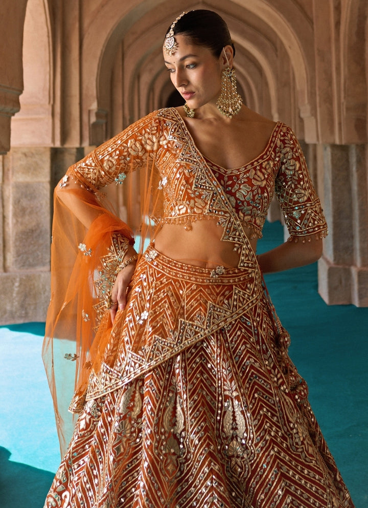 Rust Orange Organza Lehenga Set