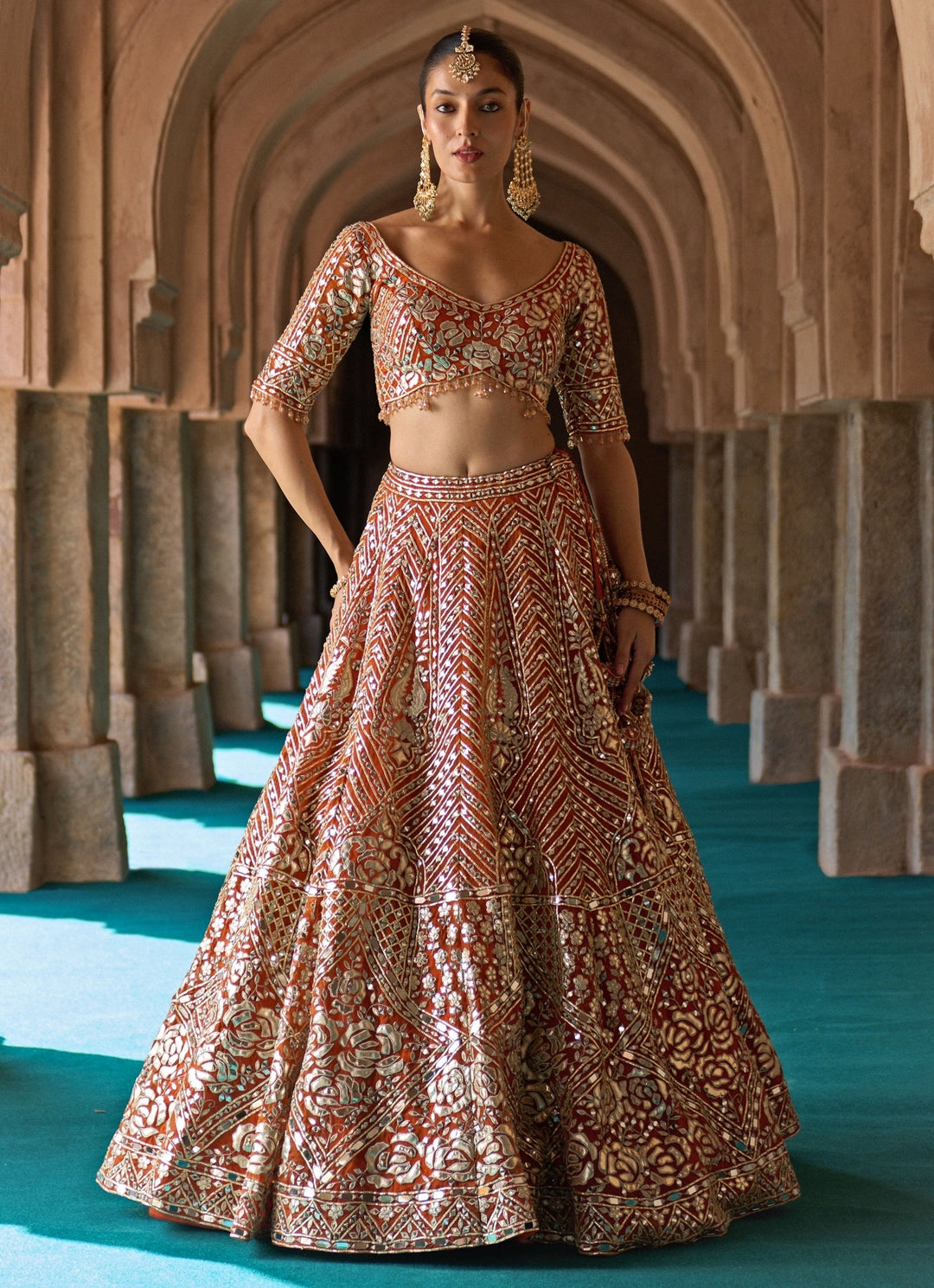Rust Orange Organza Lehenga Set