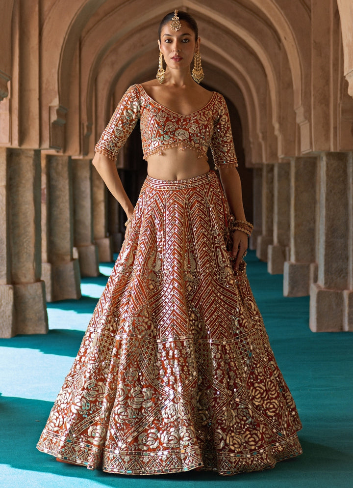 Rust Orange Organza Lehenga Set
