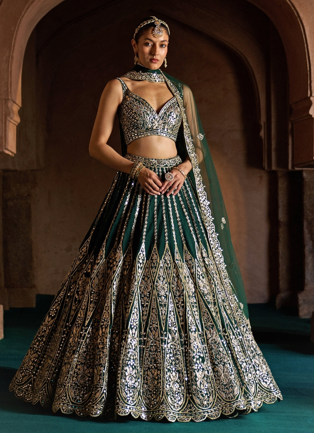 Emerald Green Raw Silk Lehenga Set