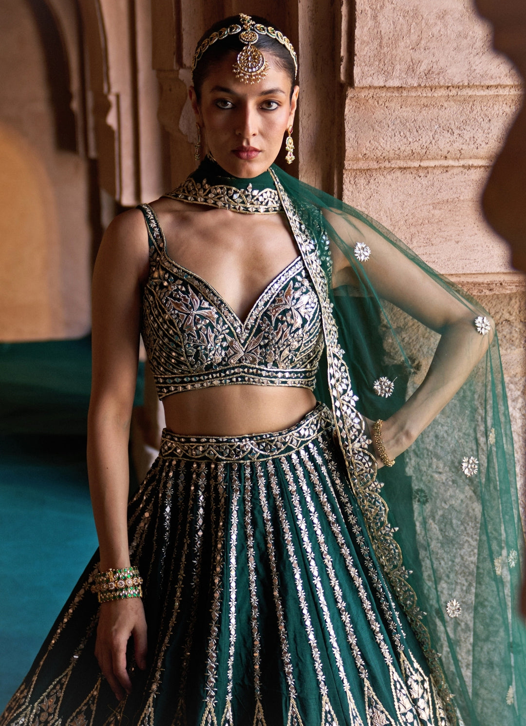 Emerald Green Raw Silk Lehenga Set