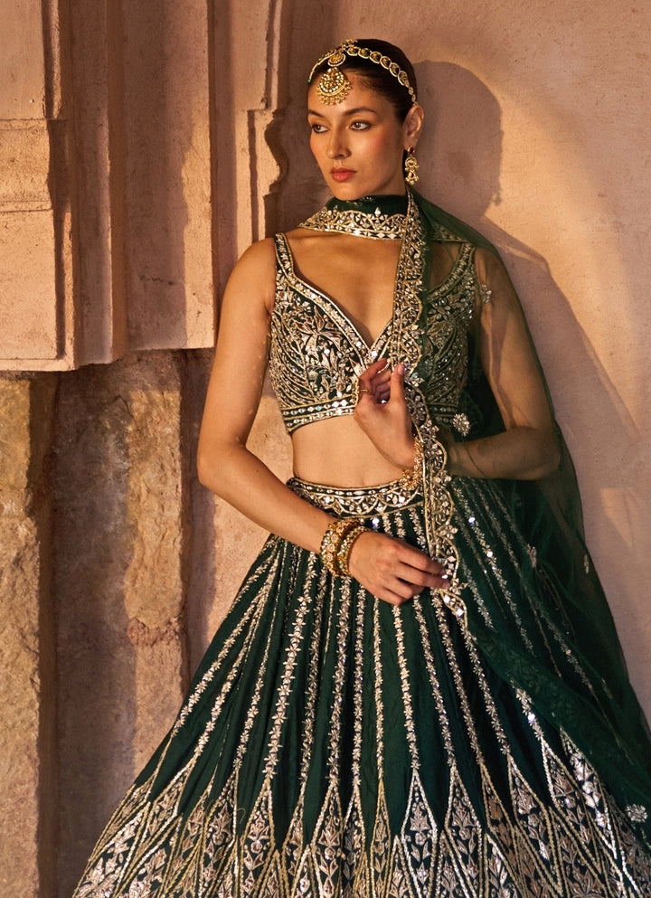 Emerald Green Raw Silk Lehenga Set