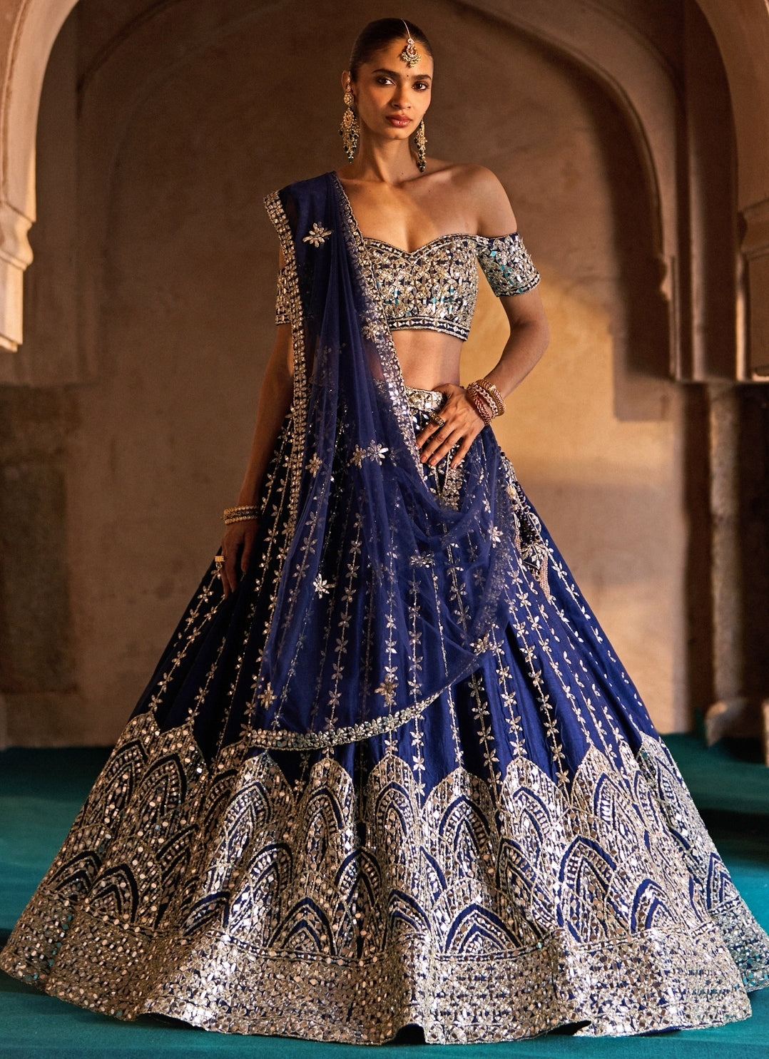 Navy Blue Raw Silk Lehenga Set