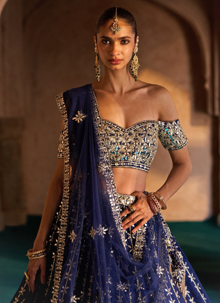 Navy Blue Raw Silk Lehenga Set