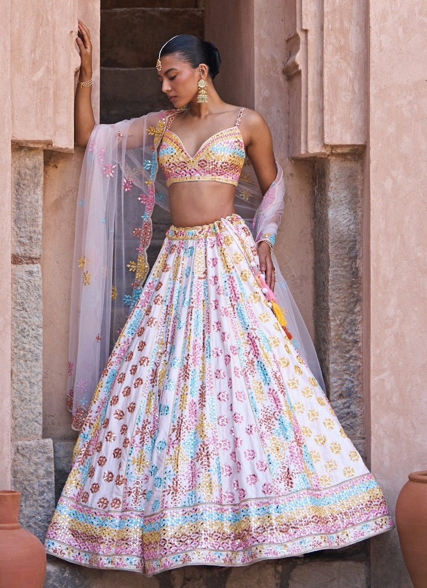 Blush Pink Multicolour Raw Silk Lehenga Set
