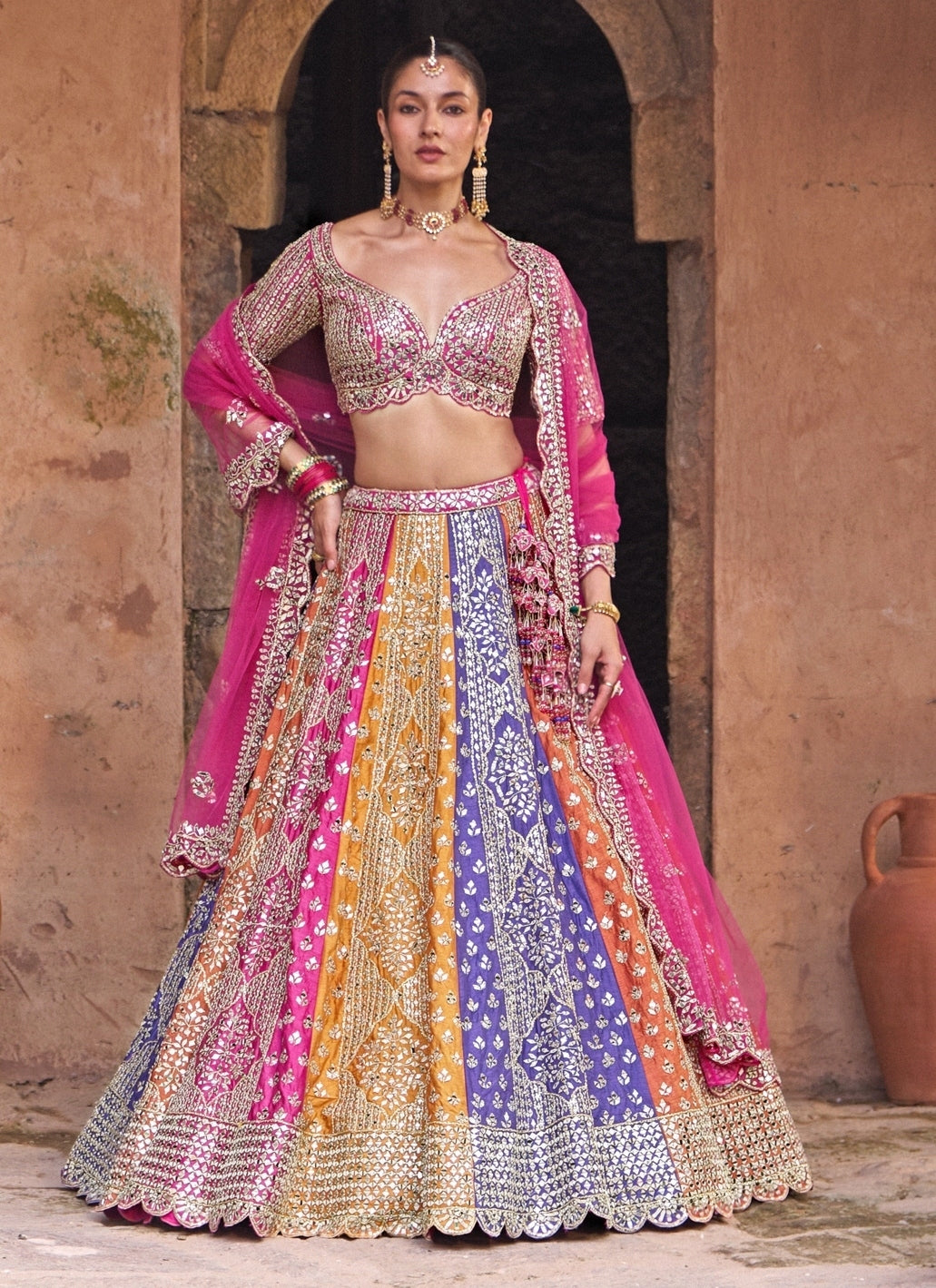 Multicolor Raw Silk Lehenga Set With Contrast Blouse