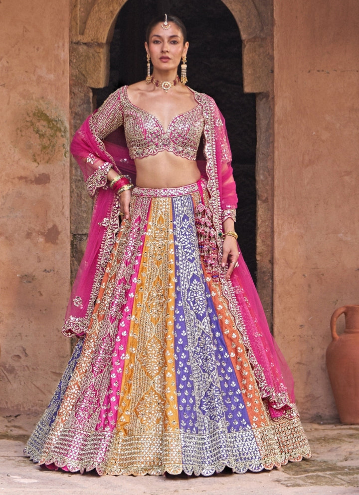Multicolor Raw Silk Lehenga Set With Contrast Blouse