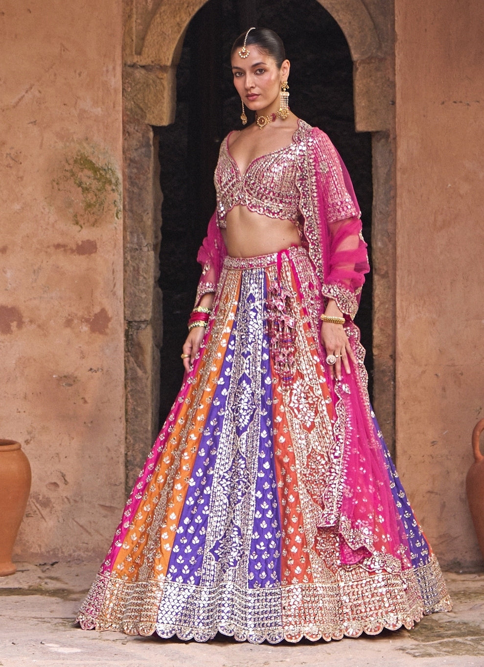 Multicolor Raw Silk Lehenga Set With Contrast Blouse