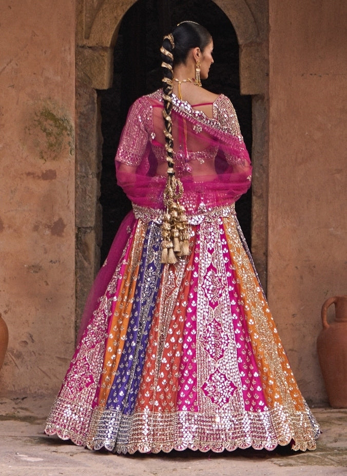 Multicolor Raw Silk Lehenga Set With Contrast Blouse