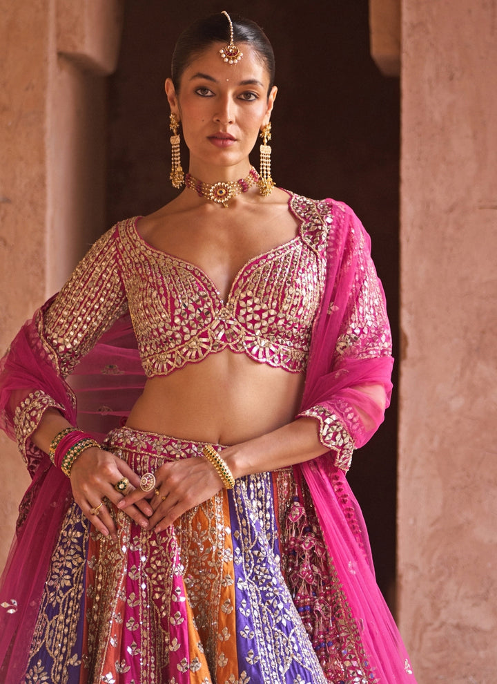 Multicolor Raw Silk Lehenga Set With Contrast Blouse