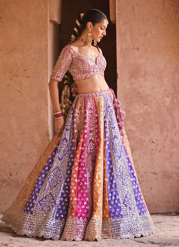Multicolor Raw Silk Lehenga Set With Contrast Blouse
