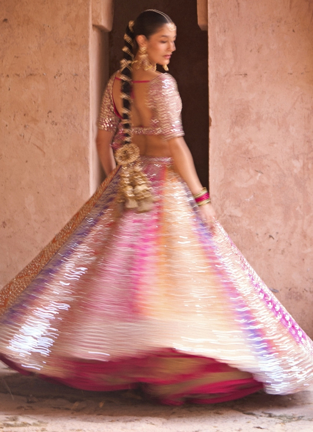 Multicolor Raw Silk Lehenga Set With Contrast Blouse
