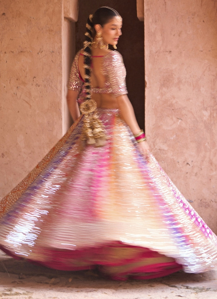 Multicolor Raw Silk Lehenga Set With Contrast Blouse