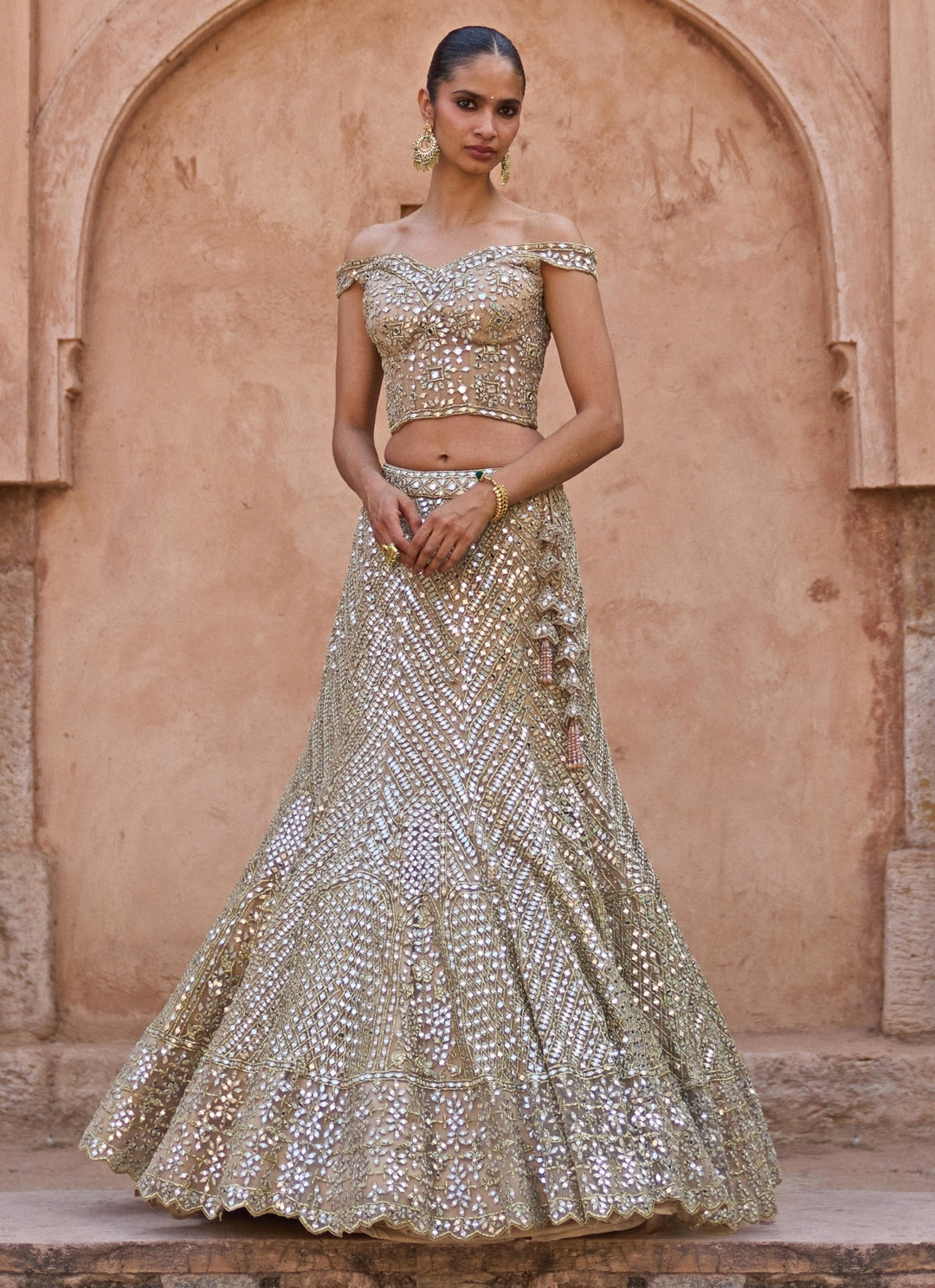 Antique Gold Soft Net Corset Lehenga Set