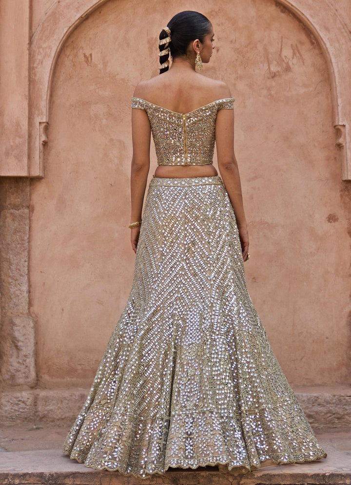 Antique Gold Soft Net Corset Lehenga Set