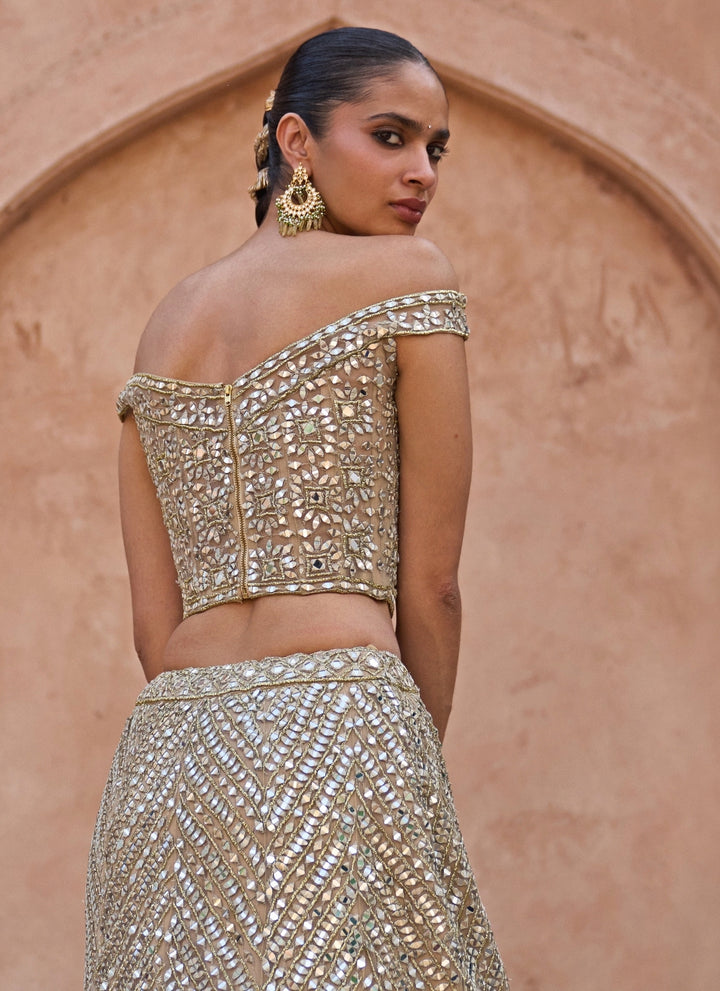 Antique Gold Soft Net Corset Lehenga Set