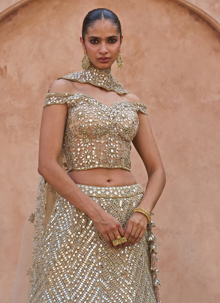 Antique Gold Soft Net Corset Lehenga Set