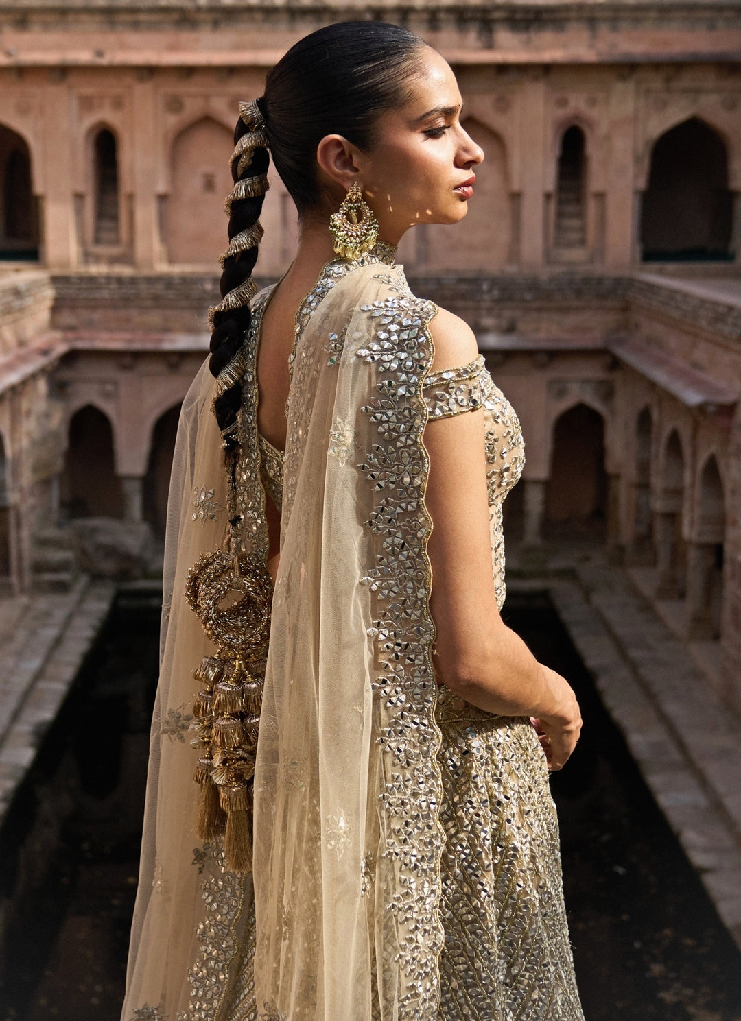 Antique Gold Soft Net Corset Lehenga Set