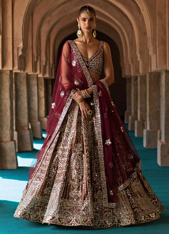Brown And Maroon Red Raw Silk Lehenga Set