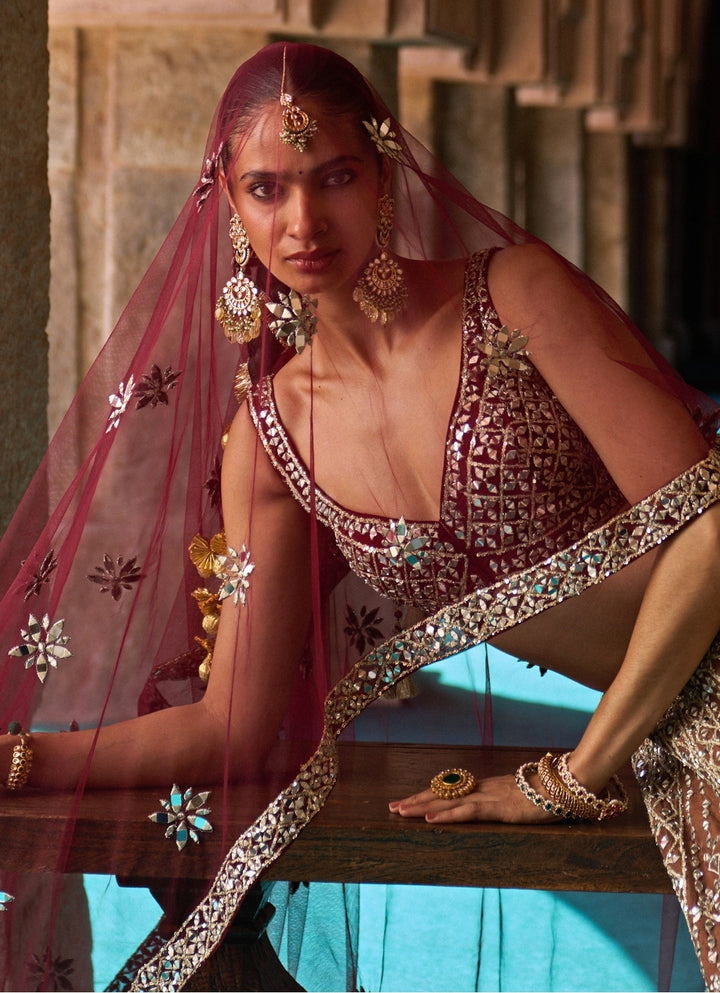 Brown And Maroon Red Raw Silk Lehenga Set