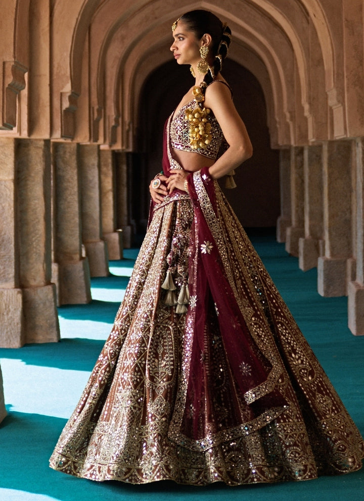 Brown And Maroon Red Raw Silk Lehenga Set