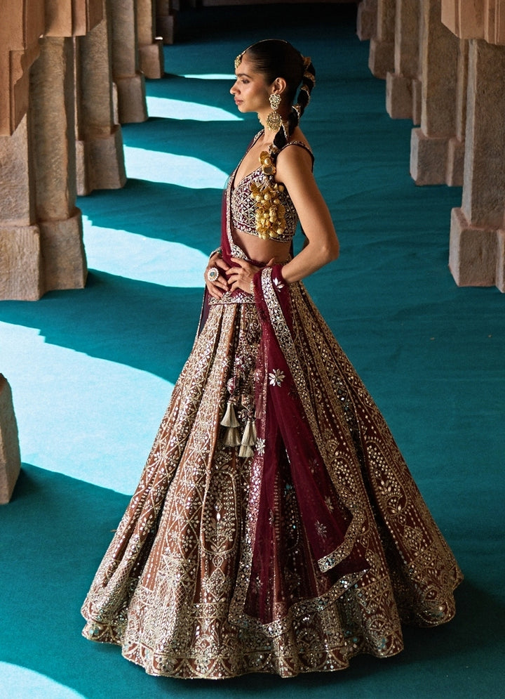 Brown And Maroon Red Raw Silk Lehenga Set