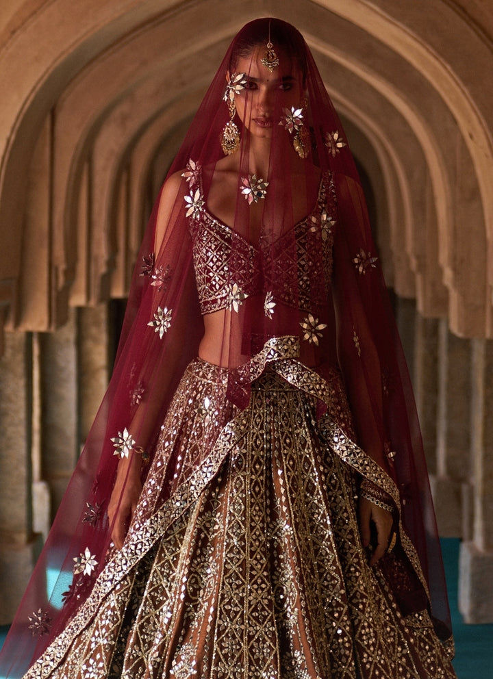 Brown And Maroon Red Raw Silk Lehenga Set