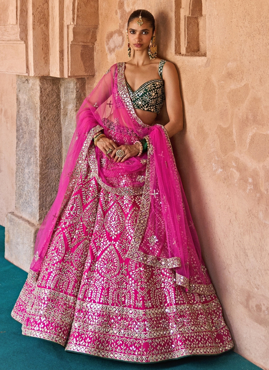 Hot Pink And Green Raw Silk Lehenga Set