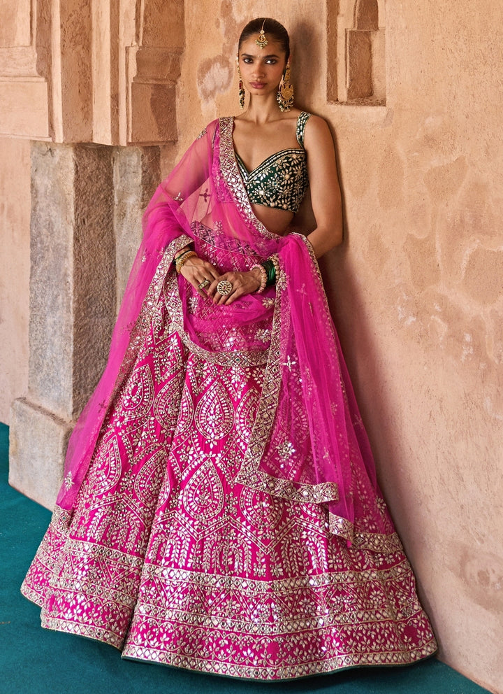 Hot Pink And Green Raw Silk Lehenga Set