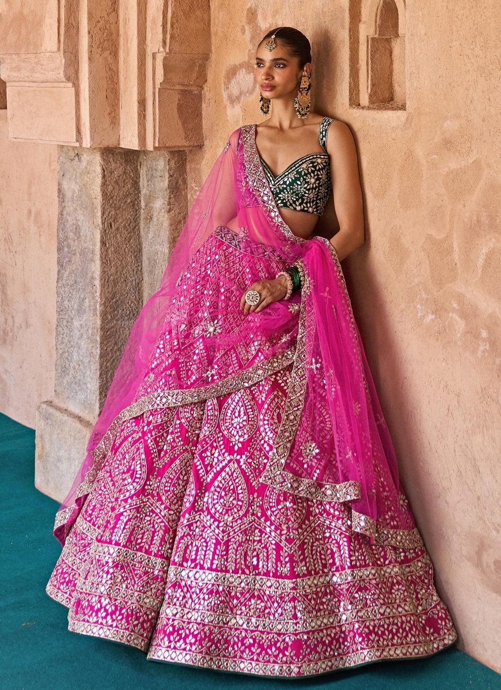 Hot Pink And Green Raw Silk Lehenga Set
