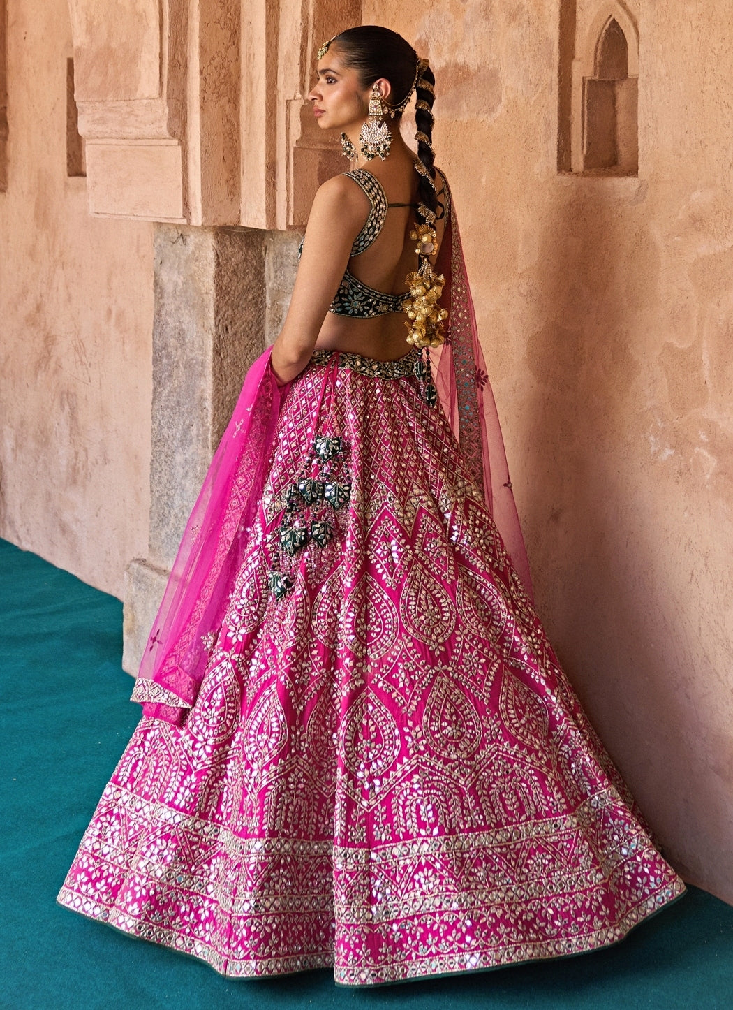 Hot Pink And Green Raw Silk Lehenga Set