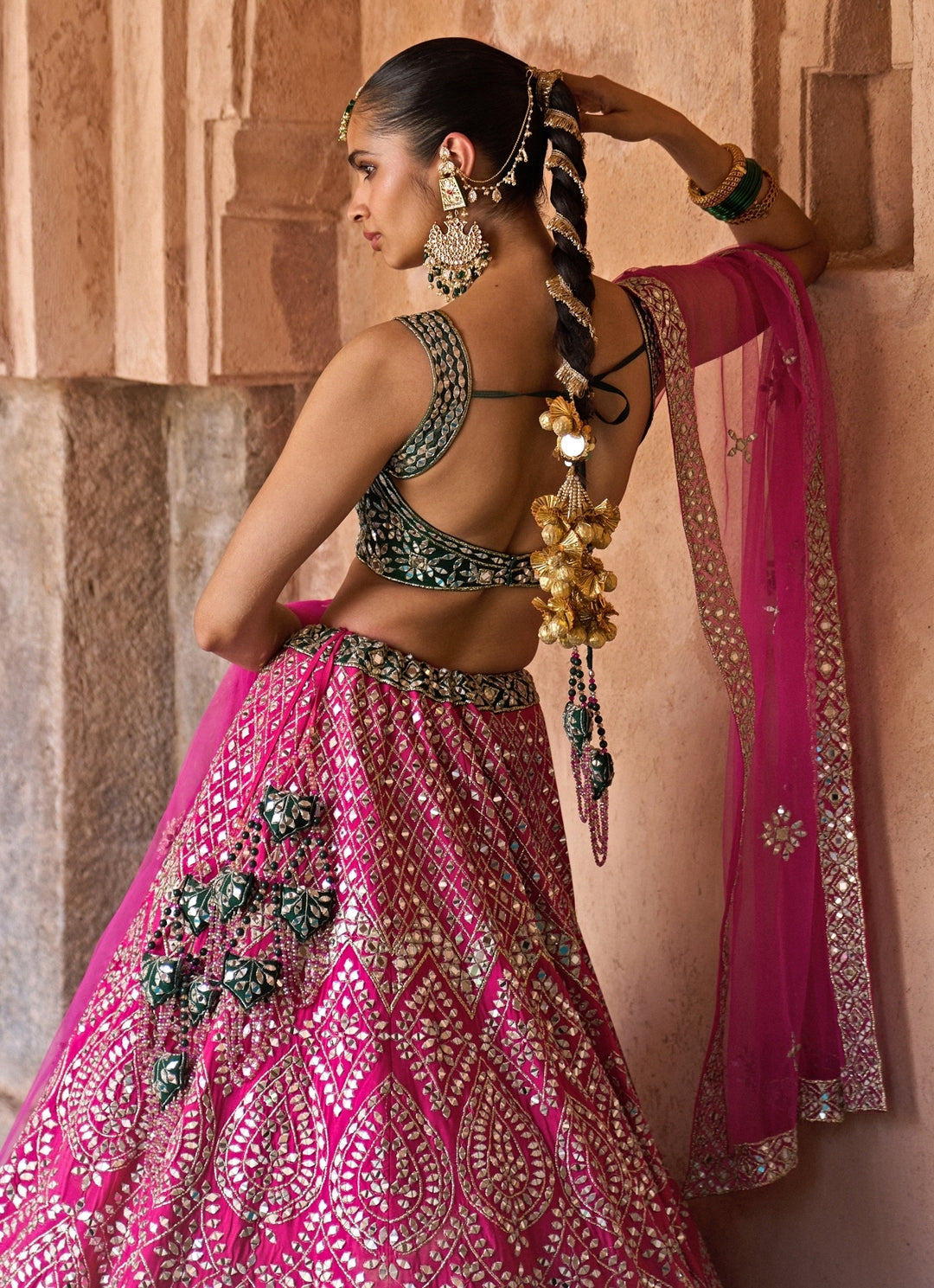 Hot Pink And Green Raw Silk Lehenga Set