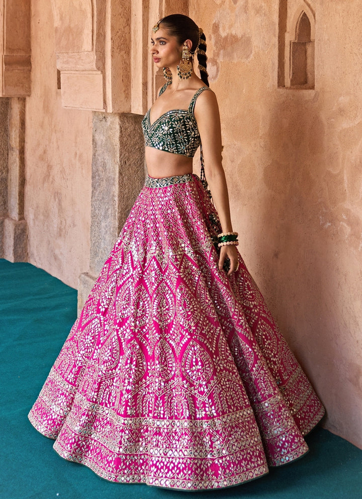 Hot Pink And Green Raw Silk Lehenga Set