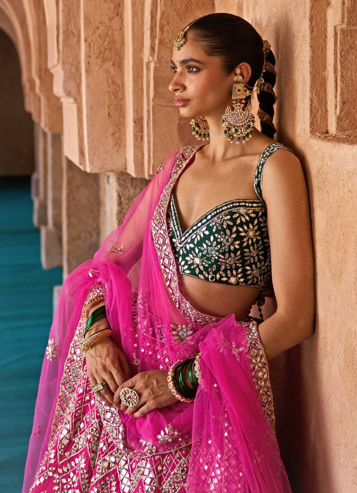 Hot Pink And Green Raw Silk Lehenga Set