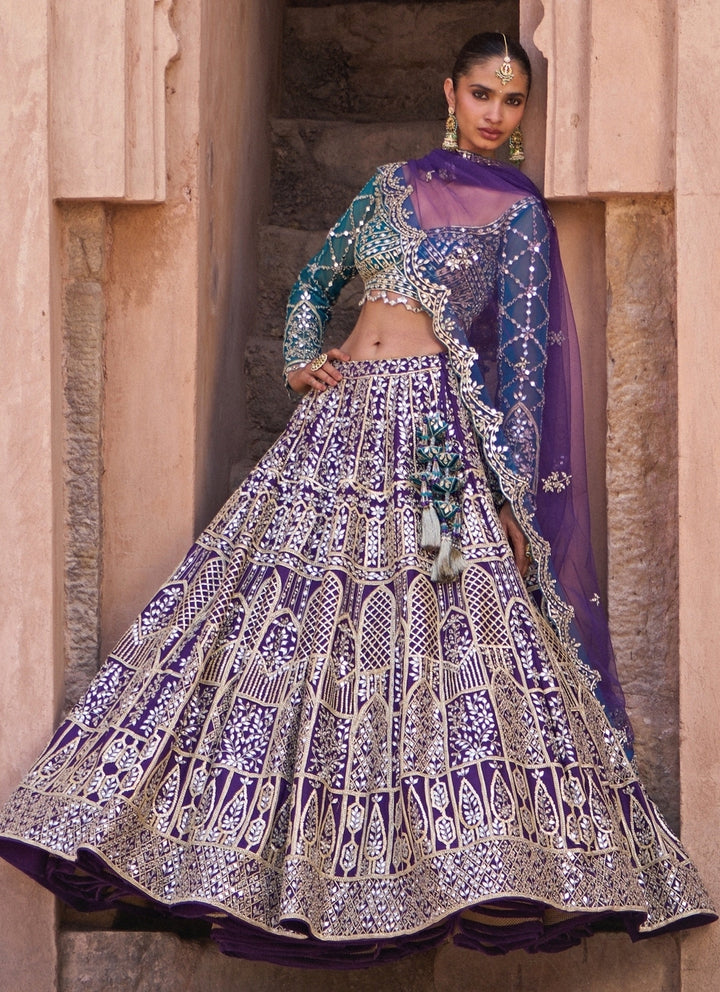 Purple And Blue Raw Silk Lehenga Set