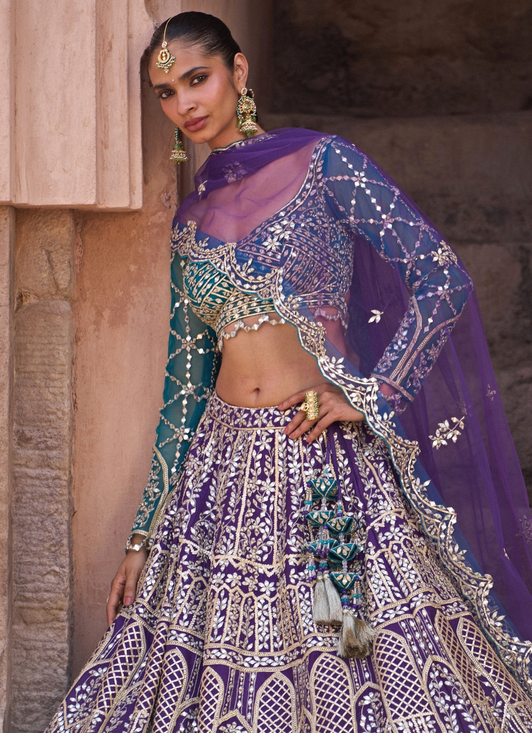 Purple And Blue Raw Silk Lehenga Set