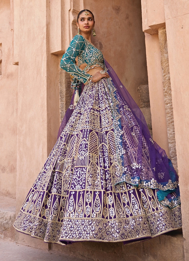 Purple And Blue Raw Silk Lehenga Set