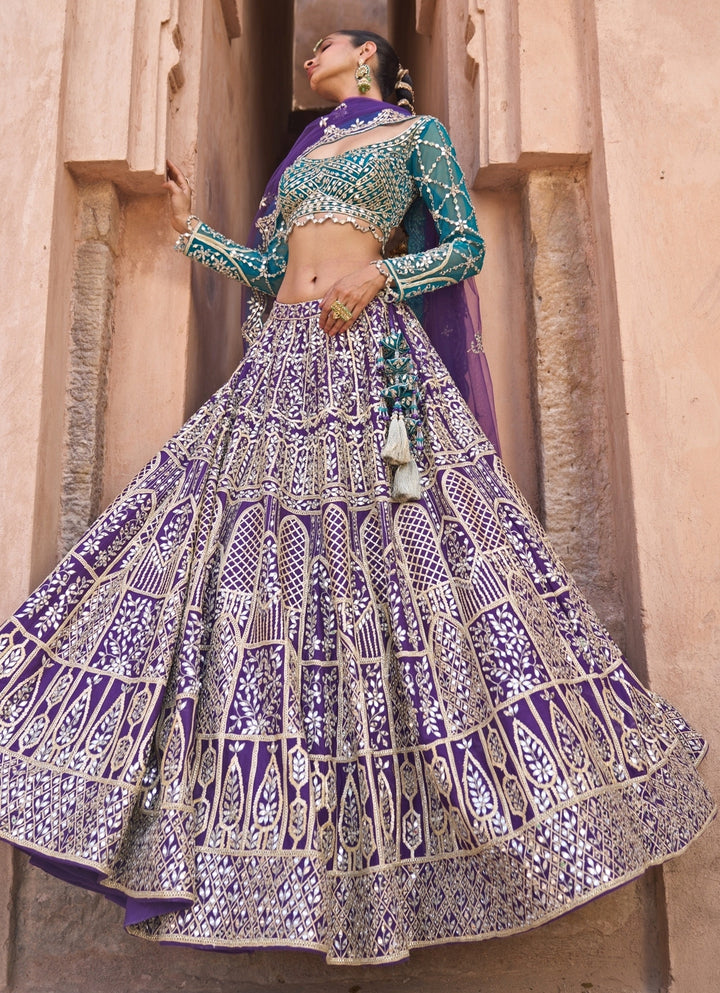 Purple And Blue Raw Silk Lehenga Set