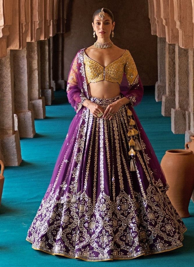 Purple And Yellow Raw Silk Lehenga Set