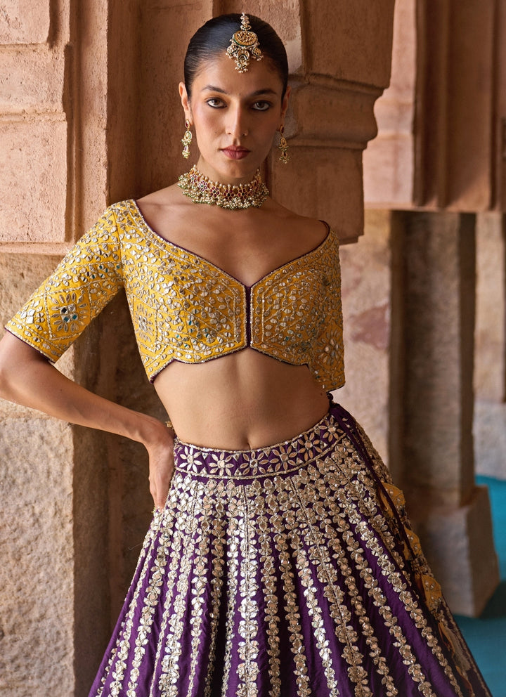 Purple And Yellow Raw Silk Lehenga Set